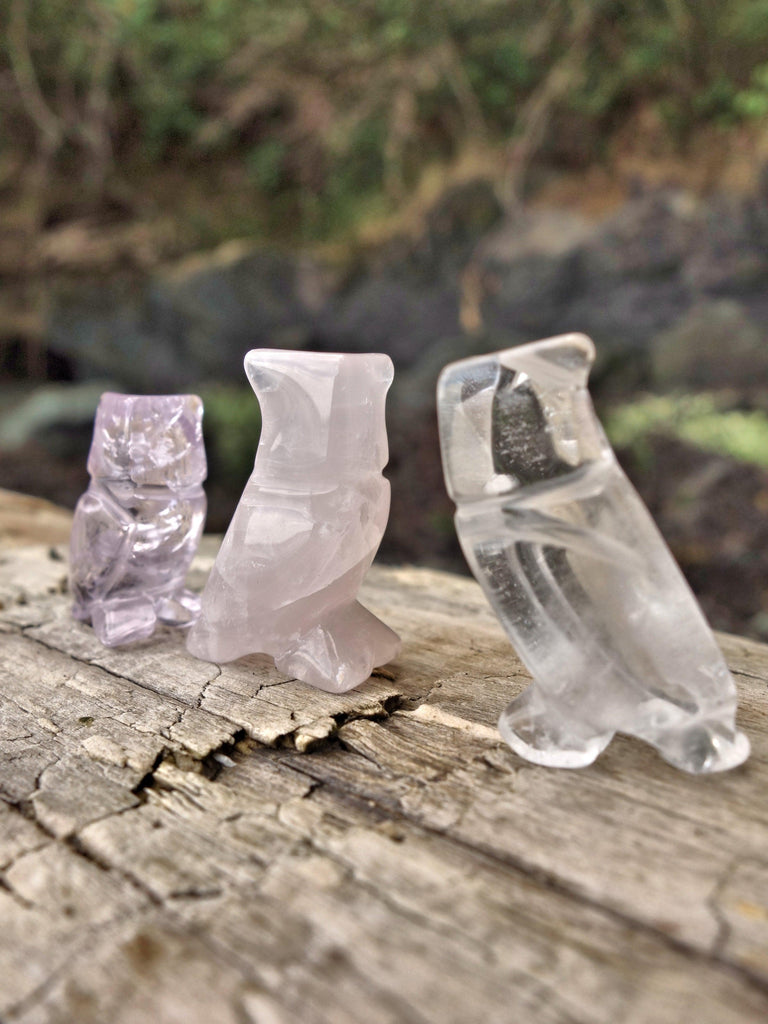 Set of 3 Cute Little Owl Carvings in Rose Quartz, Amethyst & Clear Quartz - Earth Family Crystals