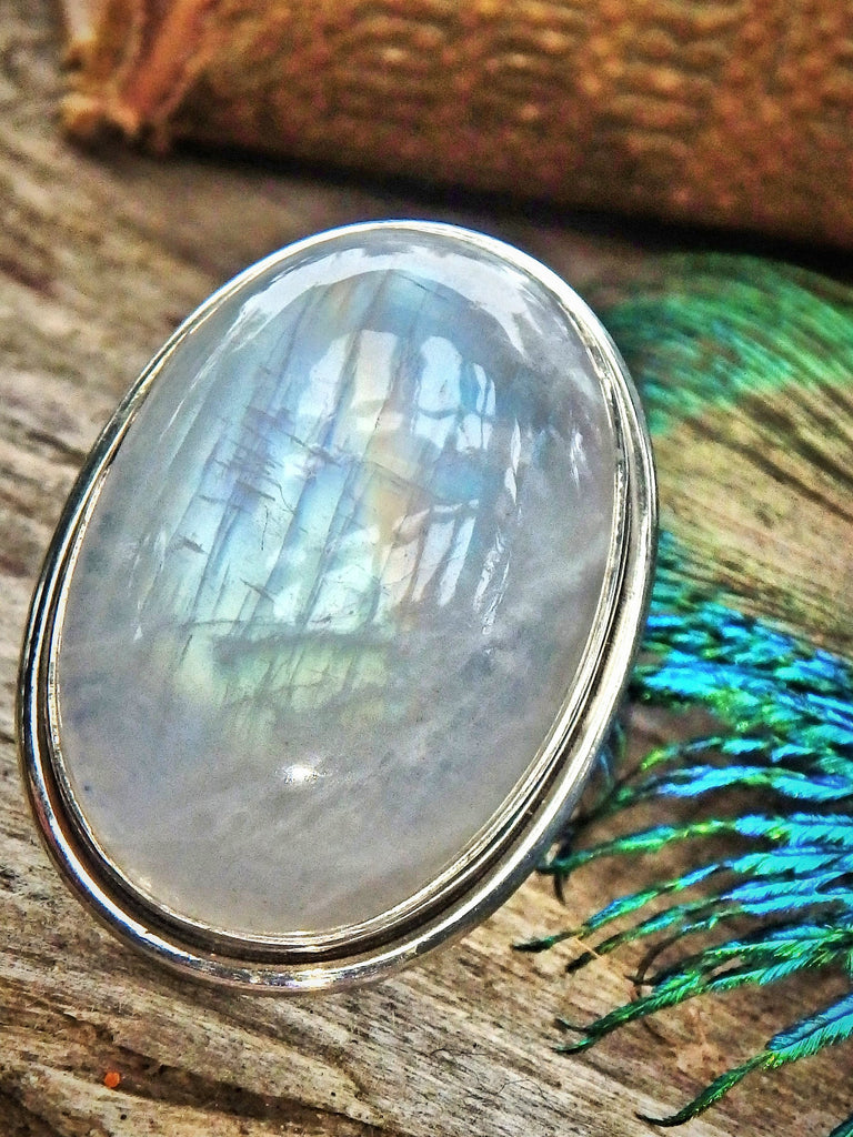 Dancing Rainbow Flashes Rainbow Moonstone Chunky Ring in Sterling Silver (Size 9) - Earth Family Crystals