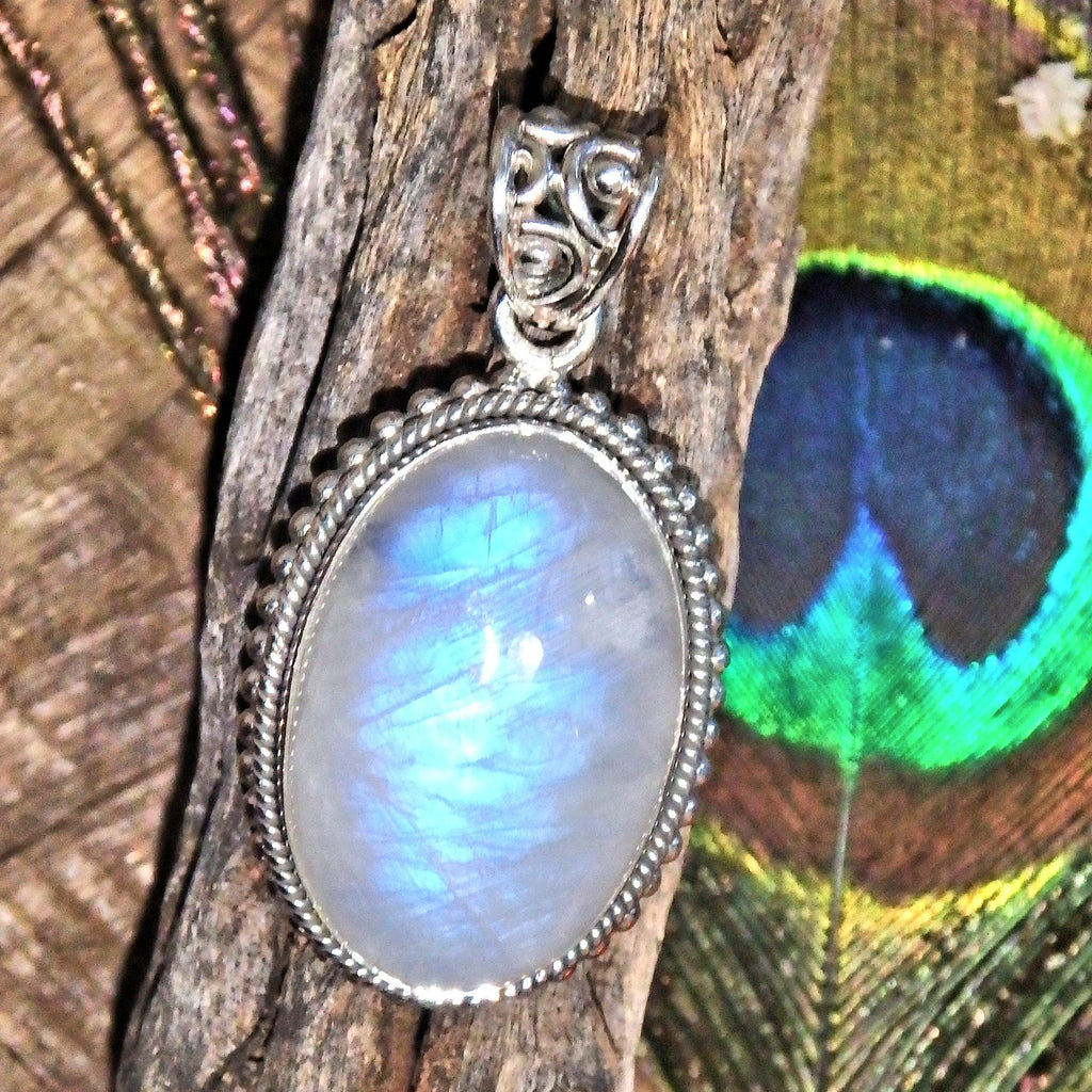Frosted Blue Flashes Gorgeous Rainbow Moonstone Pendant in Sterling Silver (Includes Silver Chain) 1 - Earth Family Crystals