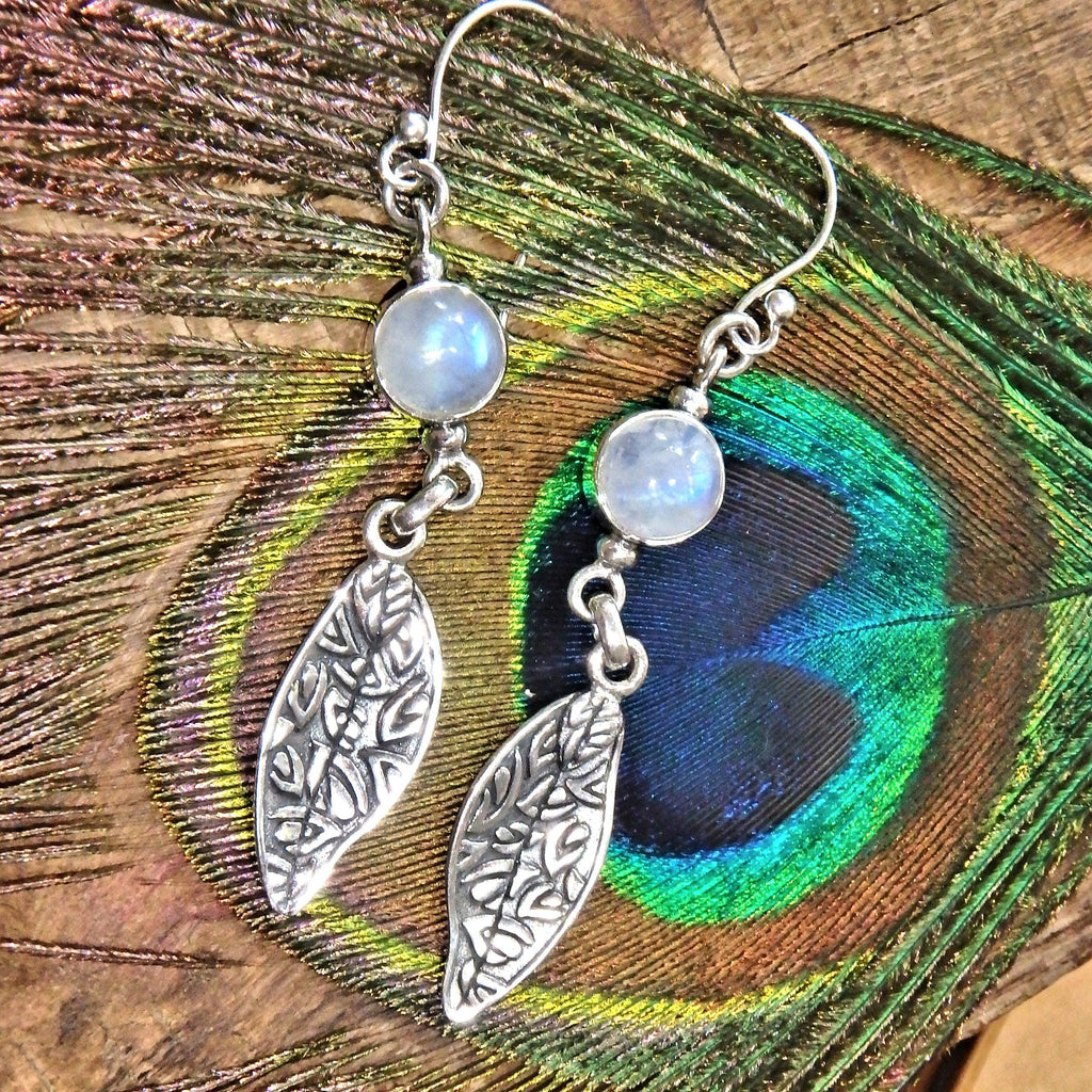 Stunning Rainbow Moonstone & Leaf Sterling Silver Earrings - Earth Family Crystals