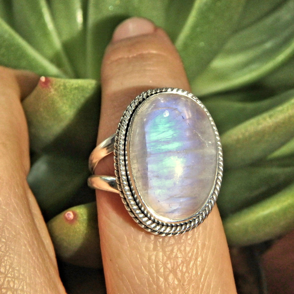 Optical Royal Blue Flashes Rainbow Moonstone Ring in Sterling Silver (Size 8) - Earth Family Crystals