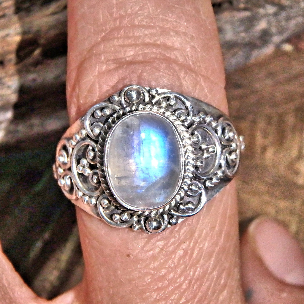 Elegant Design Blue Flashes Rainbow Moonstone Ring in Sterling Silver (Size 10) - Earth Family Crystals