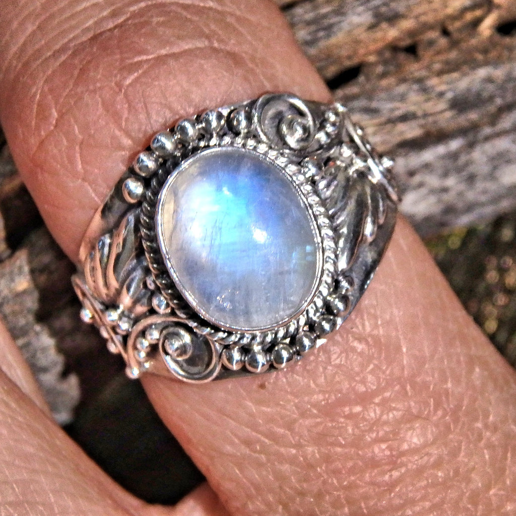 Elegant Design Blue Flashes Rainbow Moonstone Ring in Sterling Silver (Size 8) - Earth Family Crystals