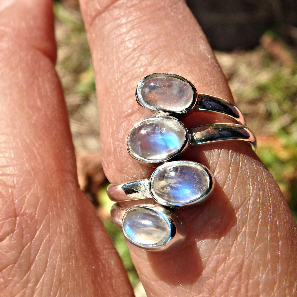 Blue Flashes 4 Stone Rainbow Moonstone Ring in Sterling Silver ( Adjustable Size 6.5-8) - Earth Family Crystals
