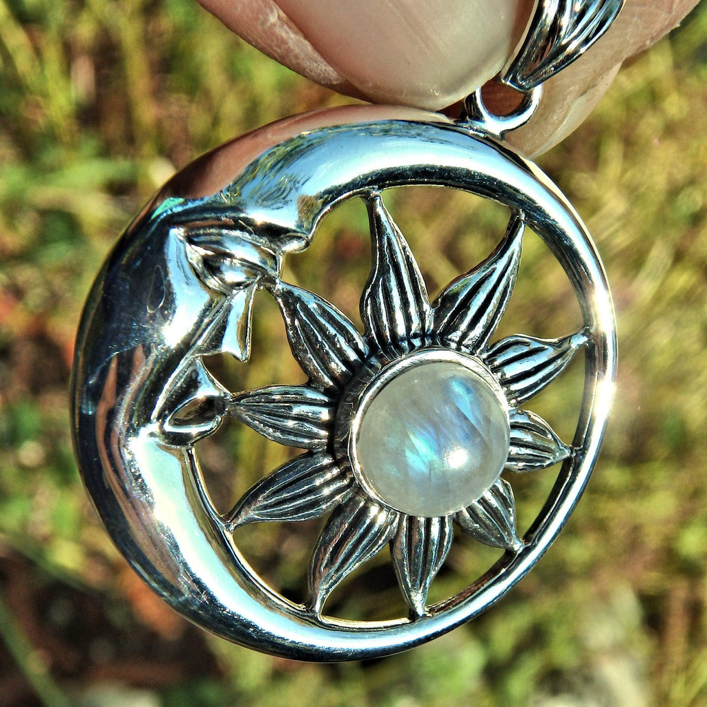 Crescent Moon Face & Rainbow Moonstone Flower  Pendant in Sterling Silver (Includes Silver Chain) - Earth Family Crystals