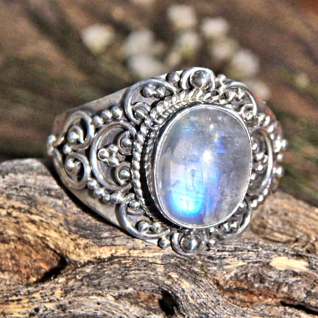 Elegant Design Blue Flashes Rainbow Moonstone Ring in Sterling Silver (Size 10) - Earth Family Crystals