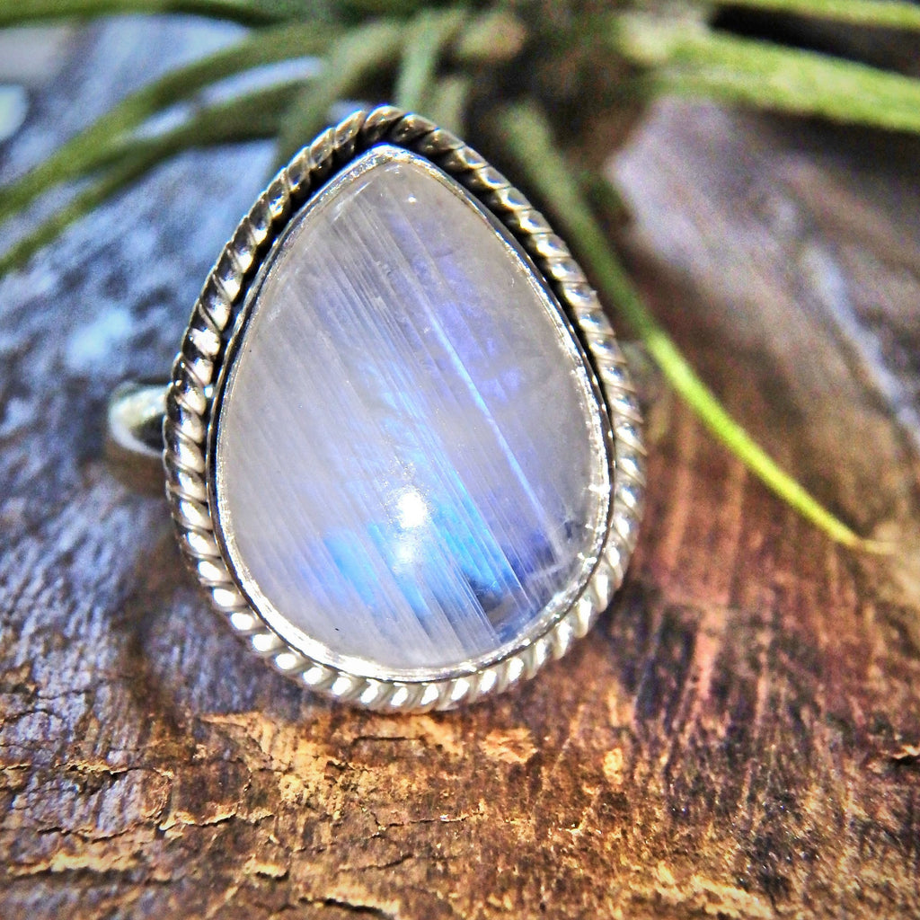 Blue Flashes Rainbow Moonstone Sterling Silver Ring (Size 8) - Earth Family Crystals
