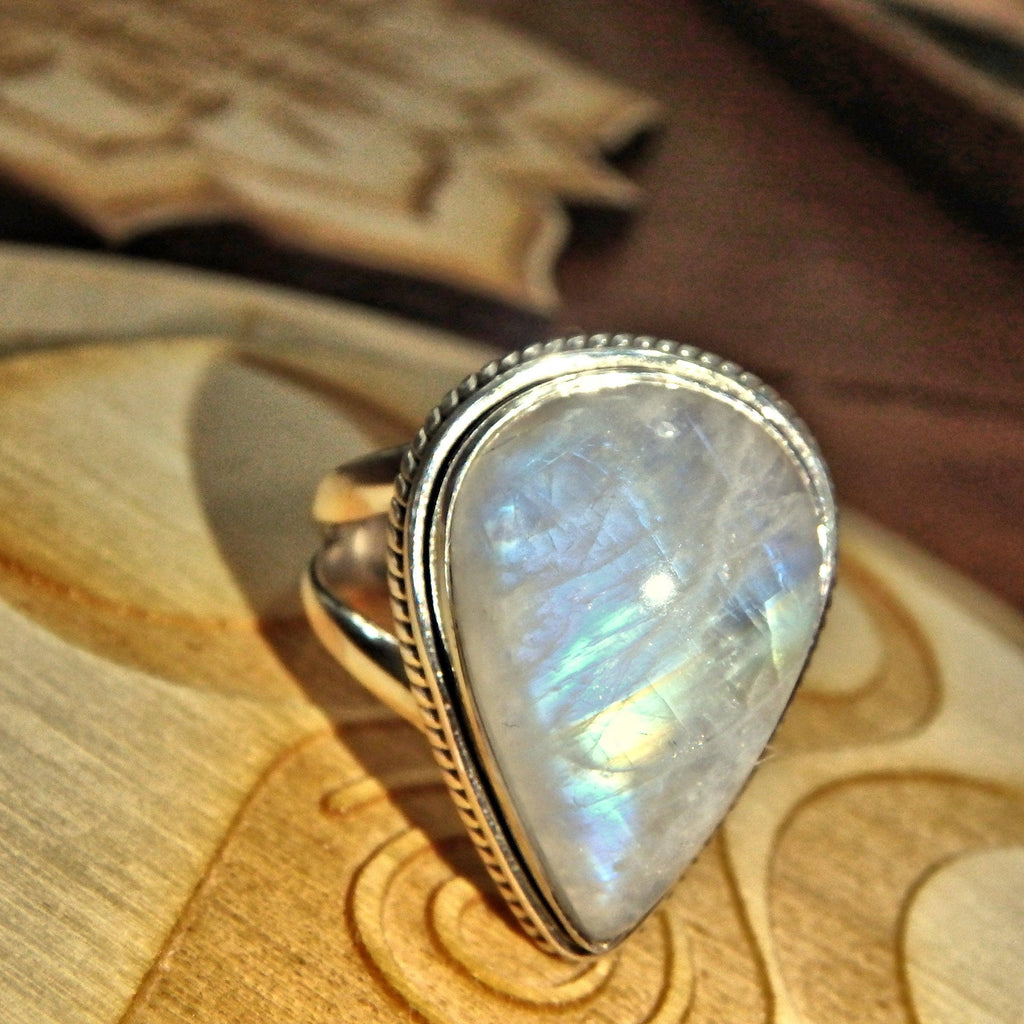 Pretty Raindrop Rainbow Moonstone Ring in Sterling Silver (Size 8.5) - Earth Family Crystals