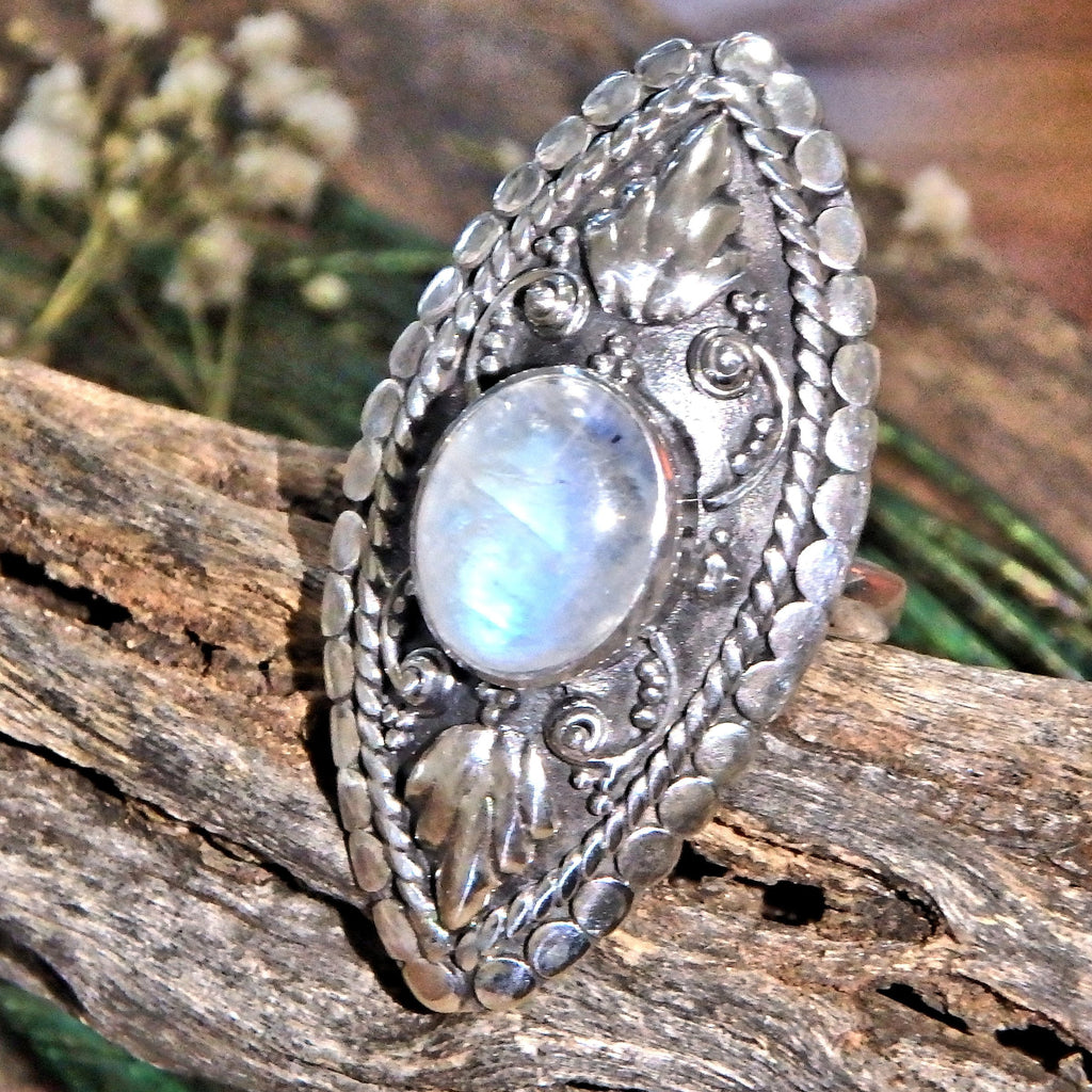Elegant Design Blue Flashes Rainbow Moonstone Ring in Sterling Silver (Size 7) - Earth Family Crystals