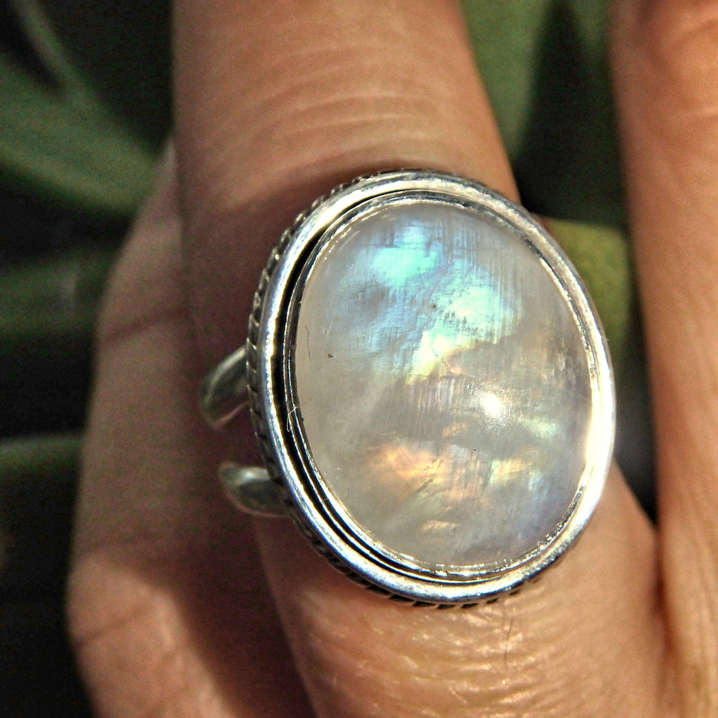 Orange & Blue Flashes Rainbow Moonstone Ring in Sterling Silver (Size 6) - Earth Family Crystals
