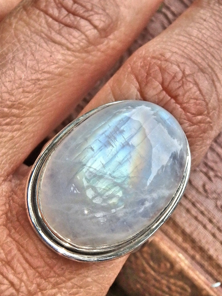 Dancing Rainbow Flashes Rainbow Moonstone Chunky Ring in Sterling Silver (Size 9) - Earth Family Crystals