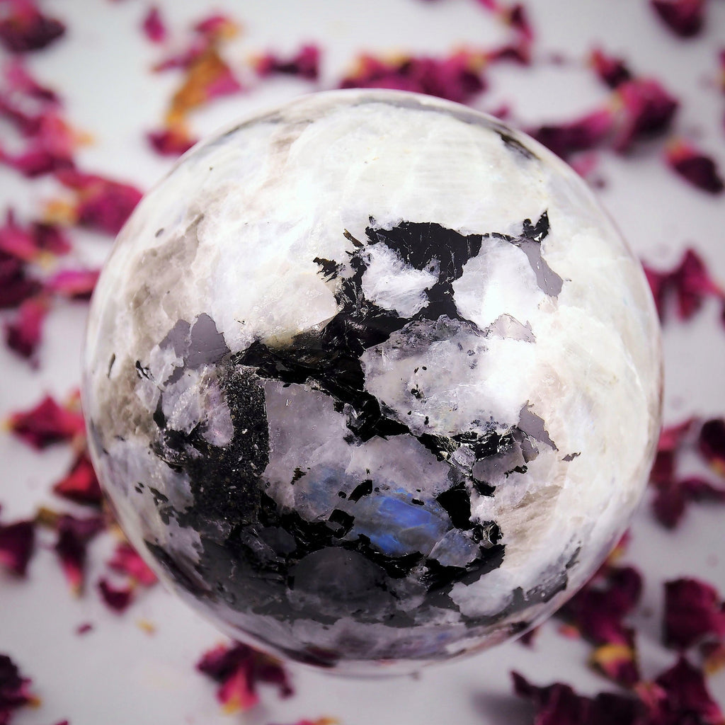 RESERVED FOR ALESHA.D~Enchanting Large Rainbow Moonstone & Black Tourmaline Sphere Carving - Earth Family Crystals