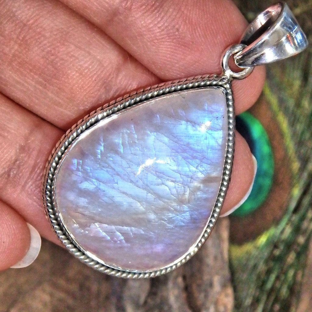 Frosted Blue Flashes Gorgeous Rainbow Moonstone Pendant in Sterling Silver (Includes Silver Chain) 3 - Earth Family Crystals