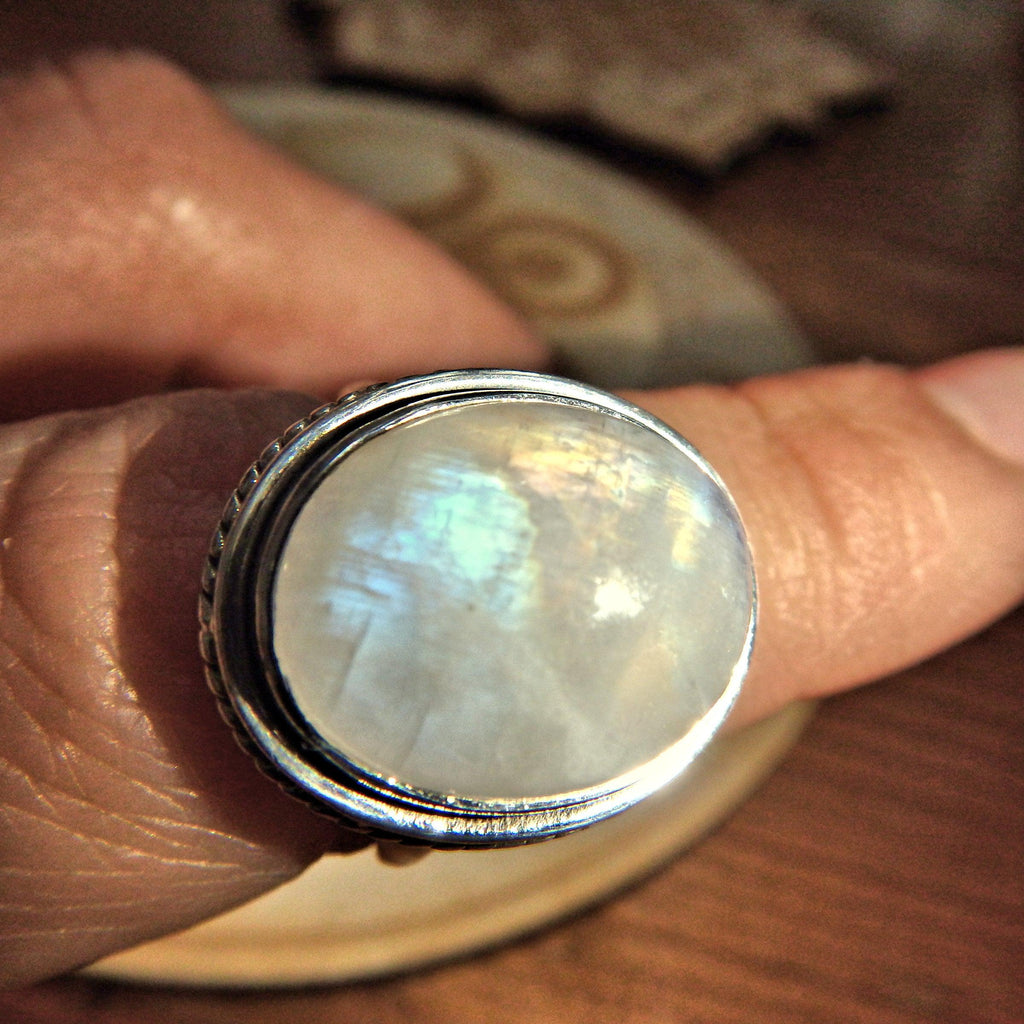 Orange & Blue Flashes Rainbow Moonstone Ring in Sterling Silver (Size 6) - Earth Family Crystals