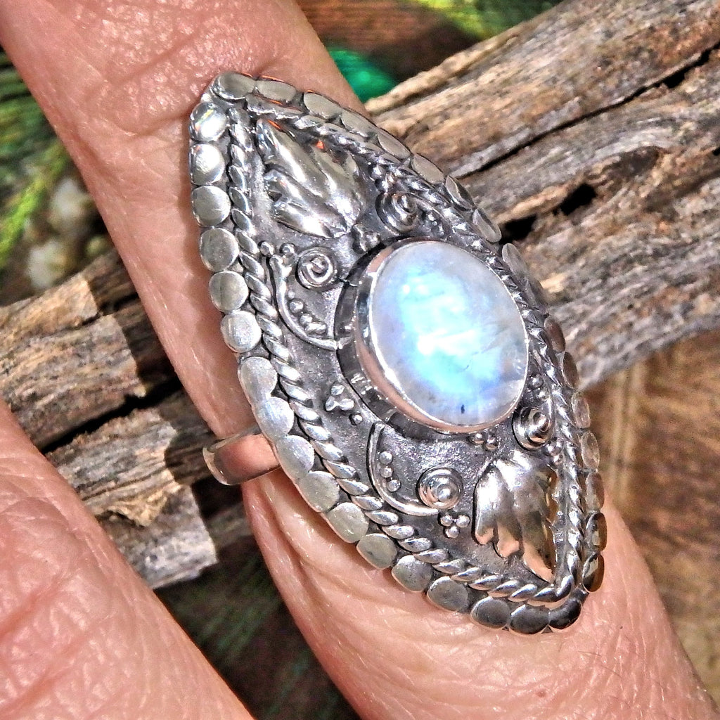 Elegant Design Blue Flashes Rainbow Moonstone Ring in Sterling Silver (Size 7) - Earth Family Crystals