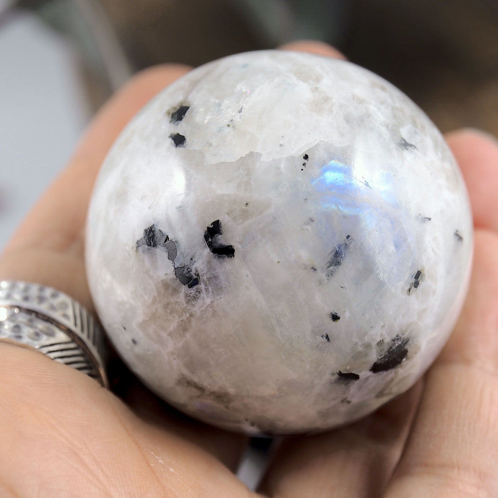 Enchanting Rainbow Moonstone & Black Tourmaline Medium Sphere Carving - Earth Family Crystals