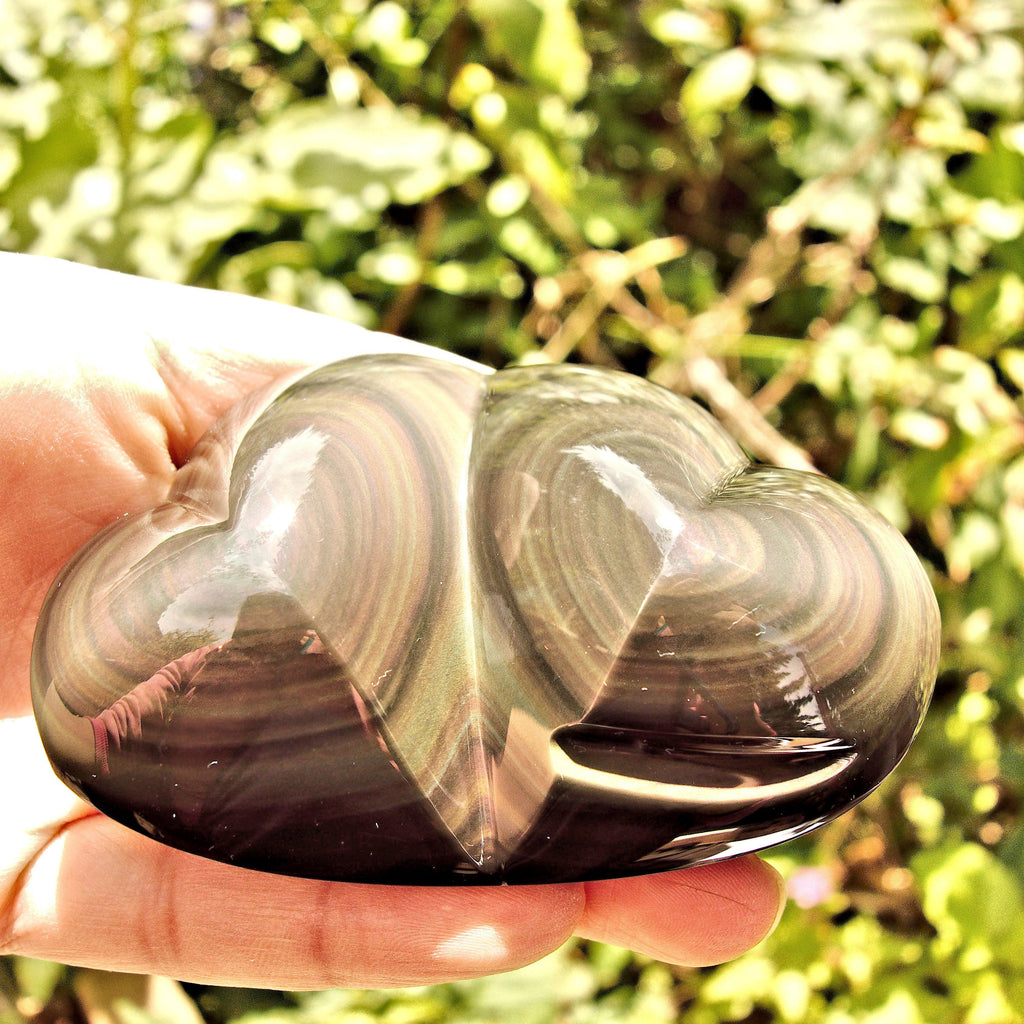 Stunning Double Heart Rainbow Obsidian Carving From Mexico - Earth Family Crystals