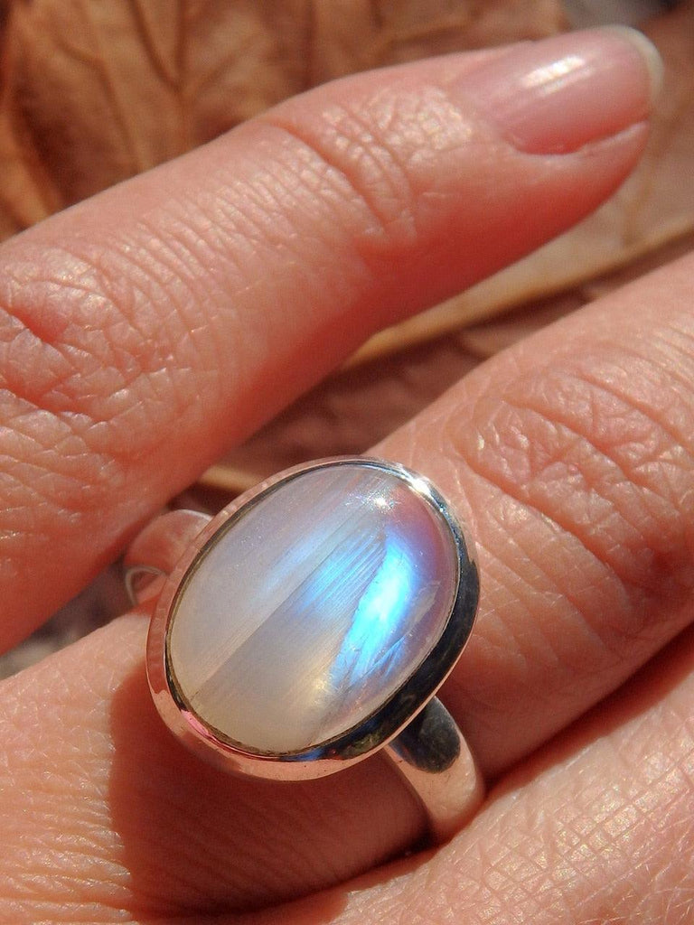 Sweet Blue Rainbow Moonstone Ring In Sterling Silver (Size 8.5) - Earth Family Crystals