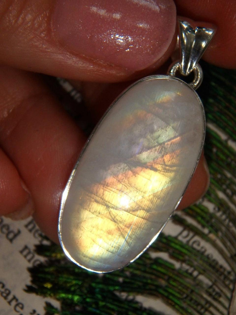 Incredible Peach & Golden Lightening Flash Rainbow Moonstone Pendant in Sterling Silver (Includes Silver Chain) - Earth Family Crystals
