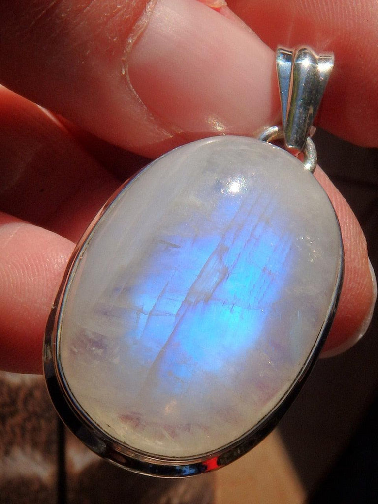 Lovely Blue Flash Rainbow Moonstone Pendant in Sterling Silver (Includes Silver Chain)1 - Earth Family Crystals