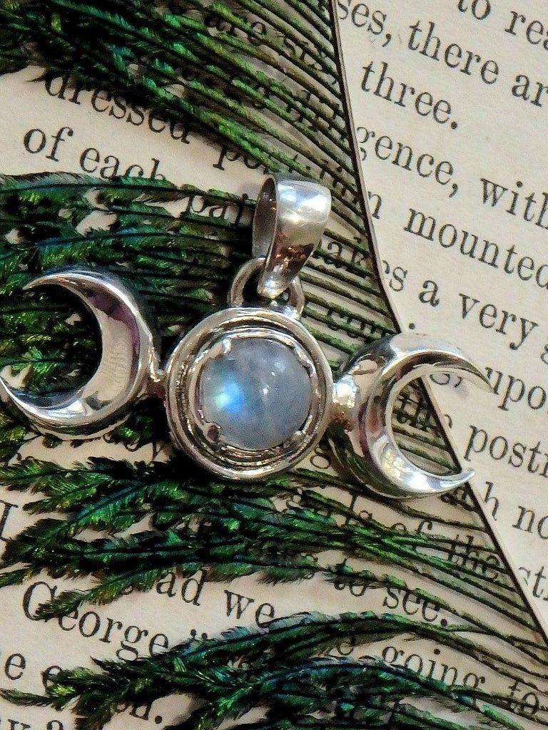 Lunar Double Crescent Moon & Rainbow Moonstone Pendant in Sterling Silver (Includes Silver Chain) - Earth Family Crystals