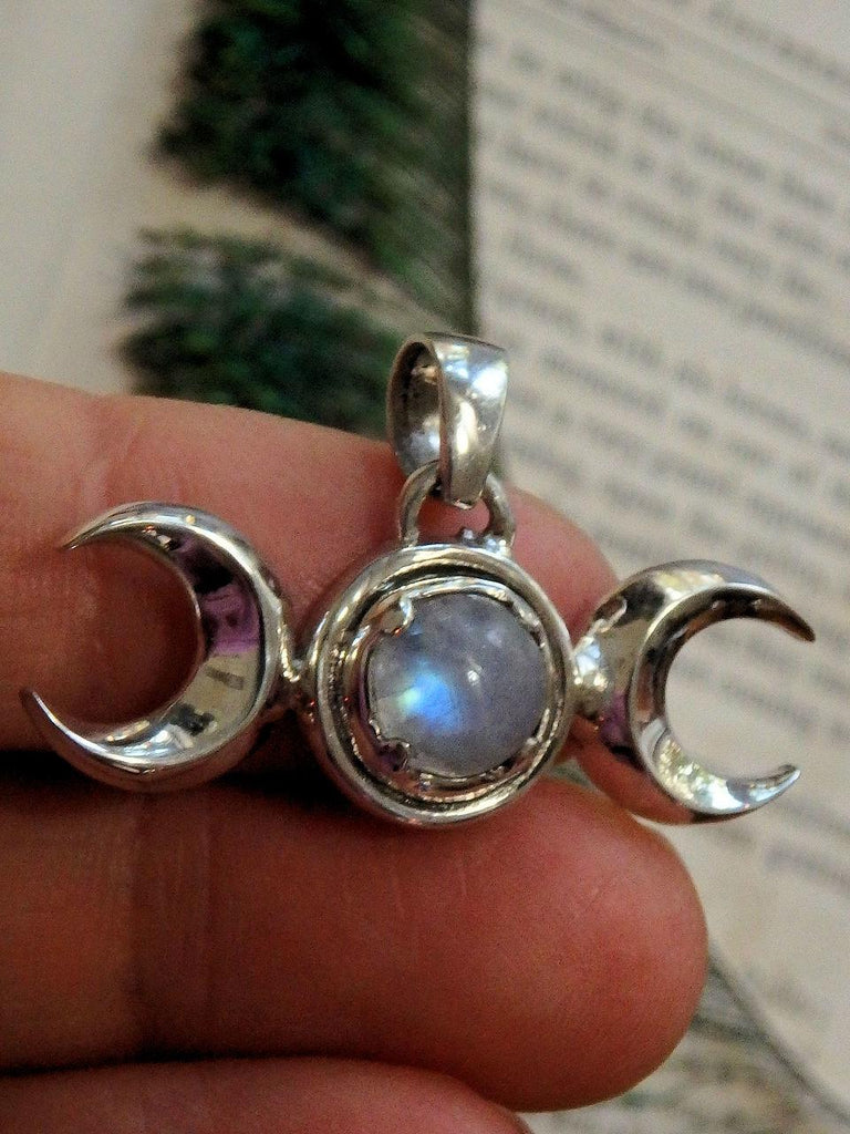 Lunar Double Crescent Moon & Rainbow Moonstone Pendant in Sterling Silver (Includes Silver Chain) - Earth Family Crystals