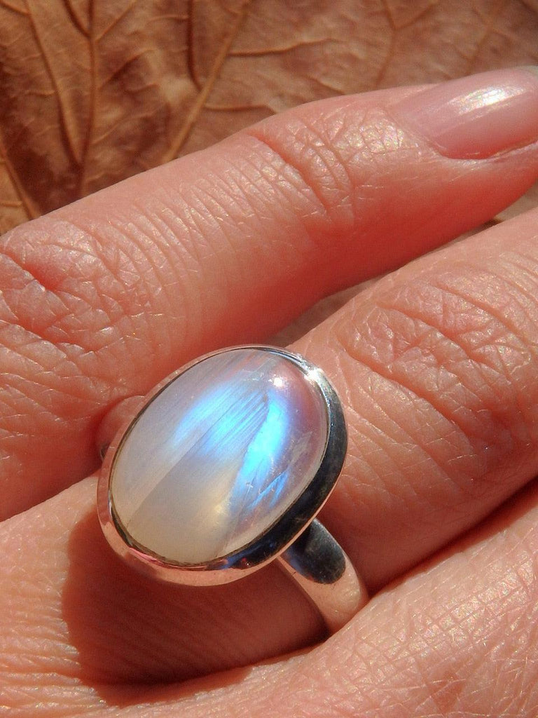 Sweet Blue Rainbow Moonstone Ring In Sterling Silver (Size 8.5) - Earth Family Crystals