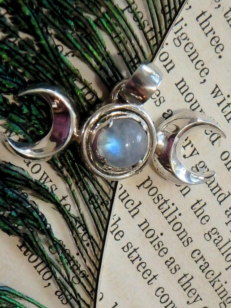 Lunar Double Crescent Moon & Rainbow Moonstone Pendant in Sterling Silver (Includes Silver Chain) - Earth Family Crystals