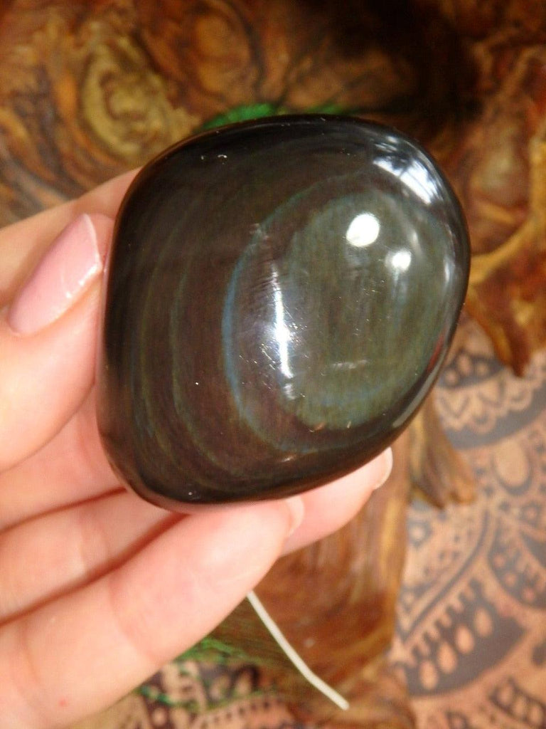 Stunning Swirls of Flash Rainbow Obsidian Palm Stone - Earth Family Crystals