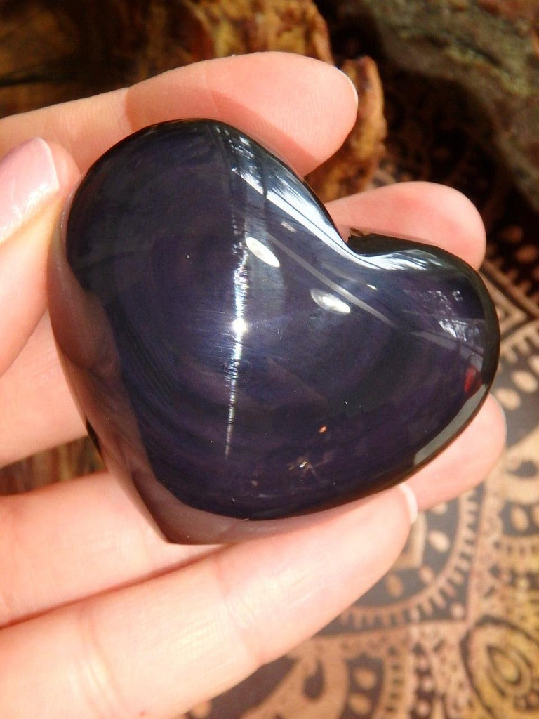 Swirls of Mysterious Flash Rainbow Obsidian Heart Carving - Earth Family Crystals