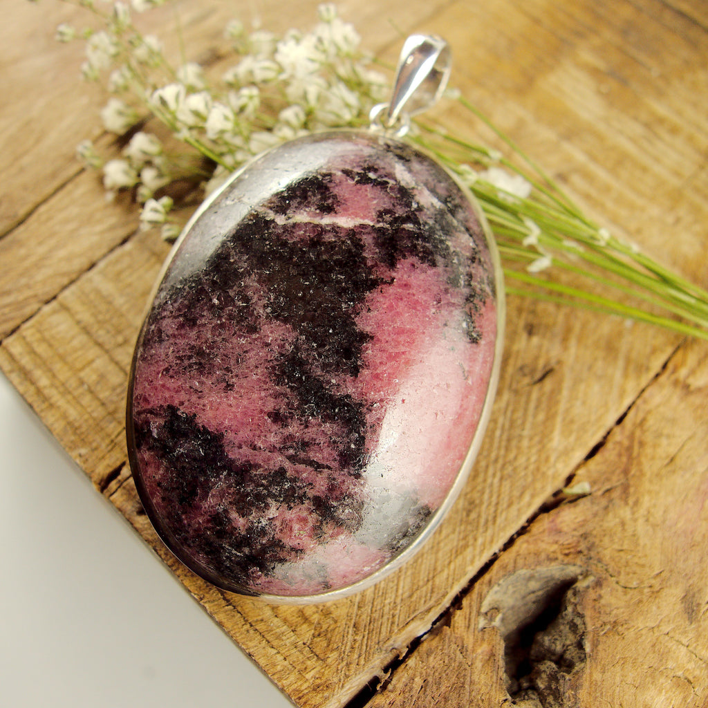 Chunky Cranberry Pink & Black Rhodonite Pendant in Sterling Silver (Includes Silver Chain) - Earth Family Crystals