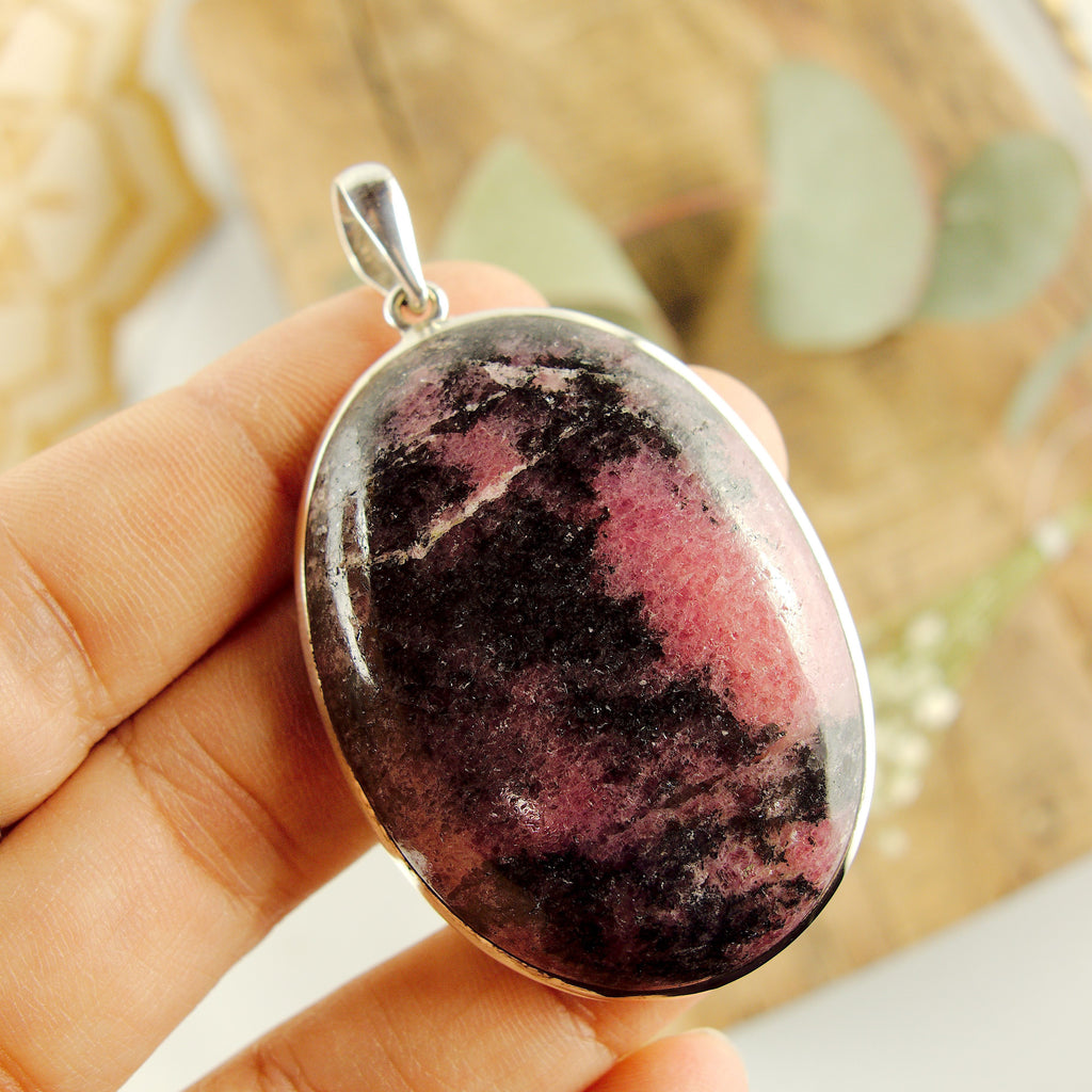 Chunky Cranberry Pink & Black Rhodonite Pendant in Sterling Silver (Includes Silver Chain) - Earth Family Crystals