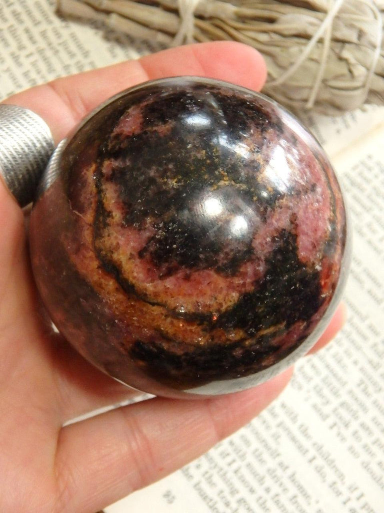 Shiny Black & Pink Rhodonite Large Sphere Carving - Earth Family Crystals