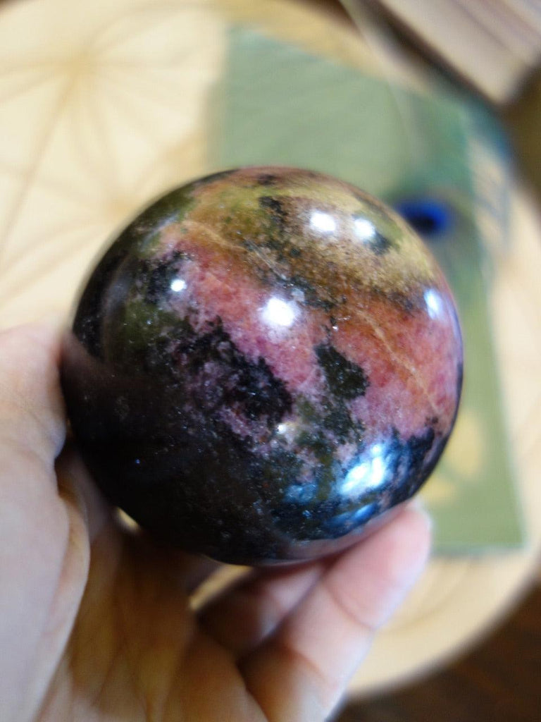 XL Cranberry Red Patterns Rhodonite Sphere Carving - Earth Family Crystals