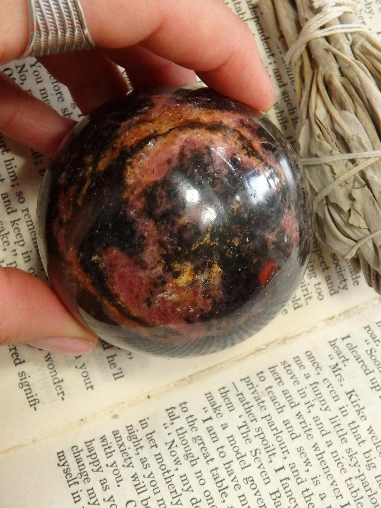 Shiny Black & Pink Rhodonite Large Sphere Carving - Earth Family Crystals
