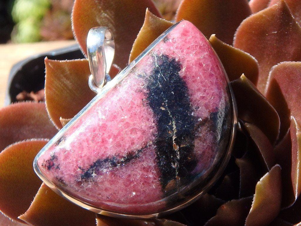 Chunky Pink Rhodonite Pendant In Sterling Silver (Includes Silver Chain) - Earth Family Crystals