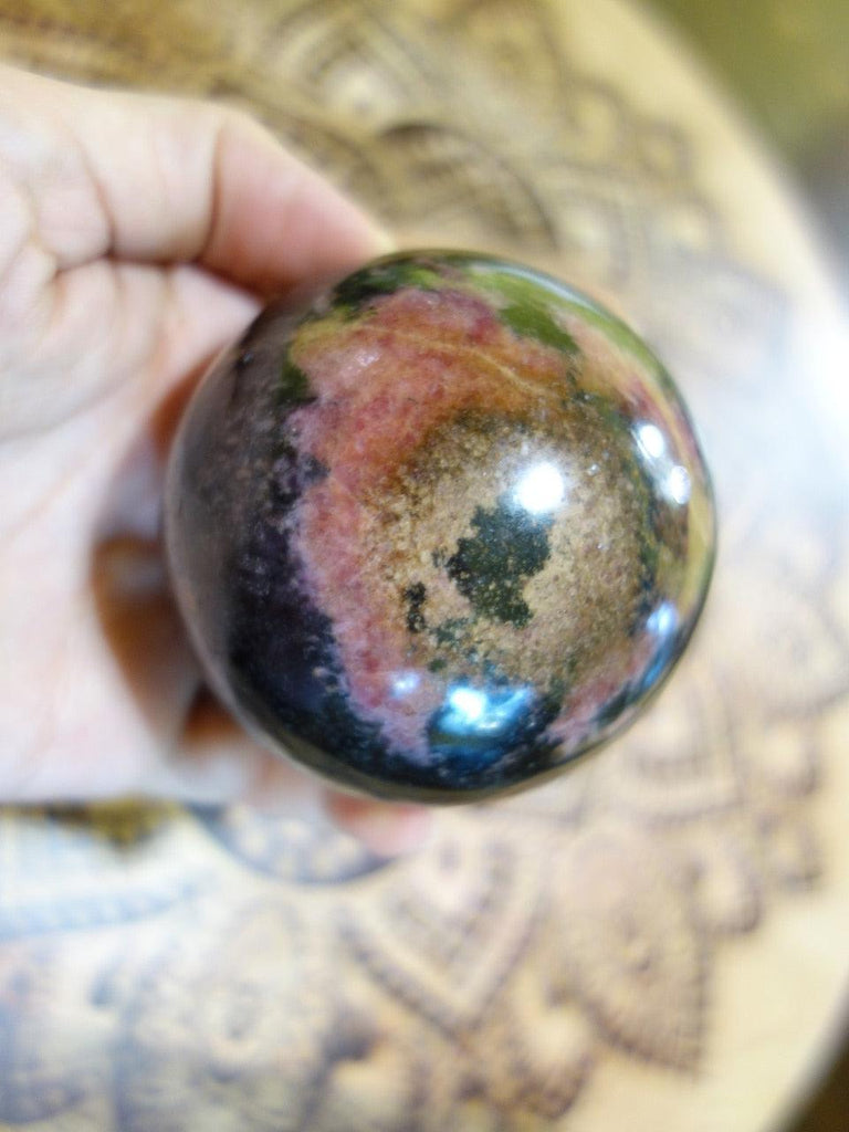 XL Cranberry Red Patterns Rhodonite Sphere Carving - Earth Family Crystals