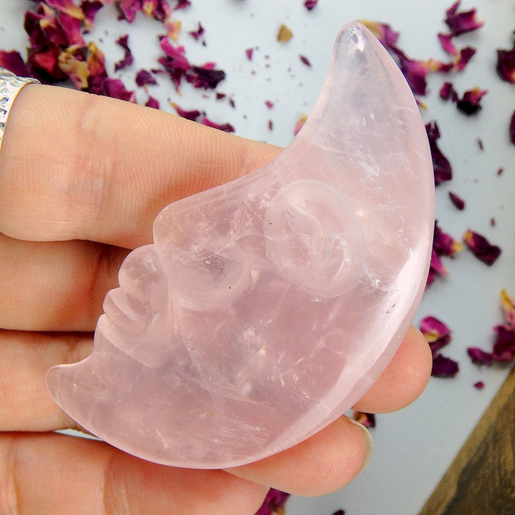 Optical Pink Rose Quartz Crescent Moon Face Carving - Earth Family Crystals
