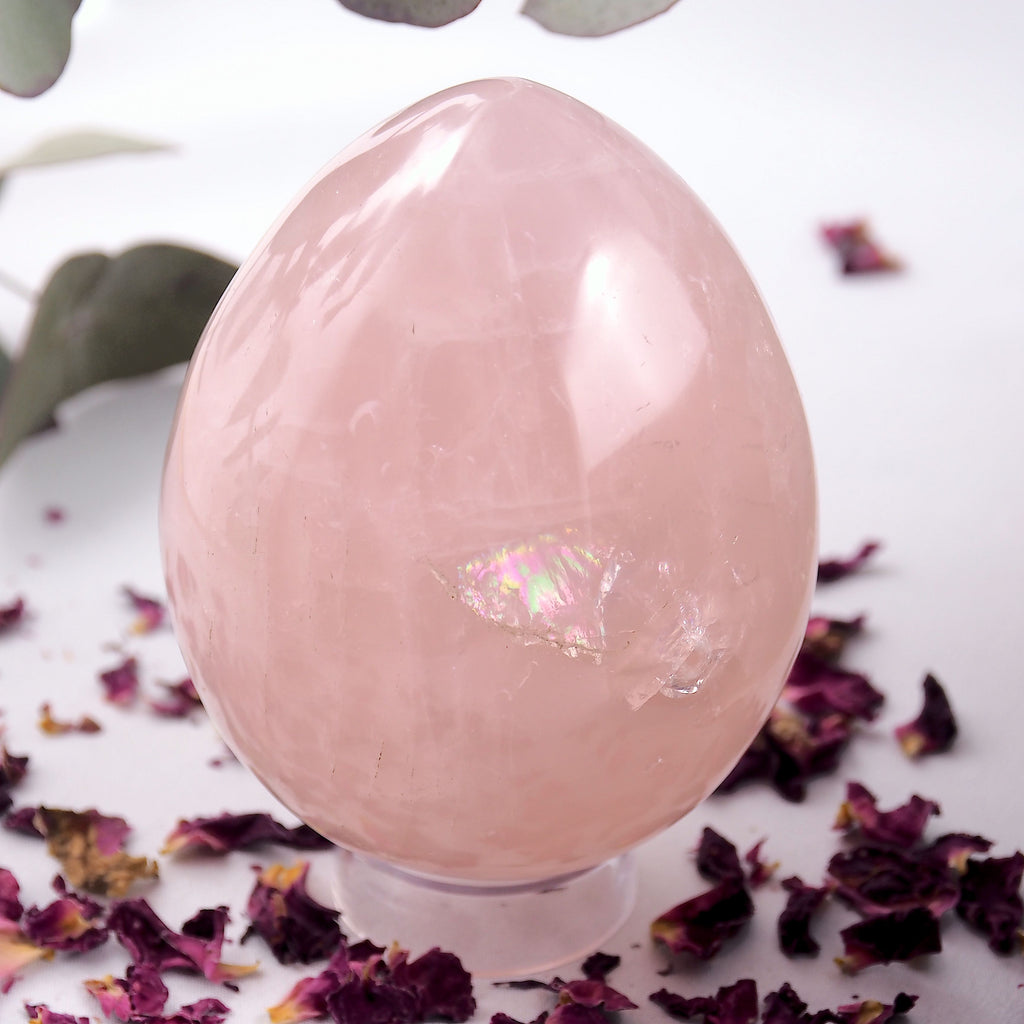 Mesmerizing Rainbow~ Large & Chunky Sweet Pink Rose Quartz Egg Carving - Earth Family Crystals