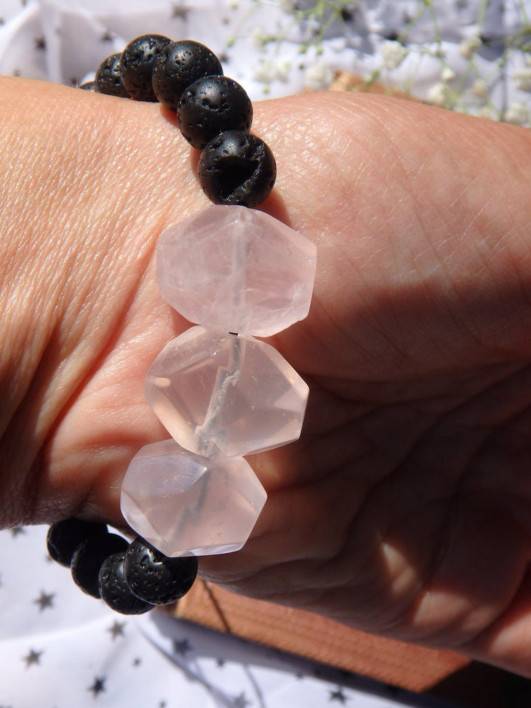 Optical Polished Pink Rose Quartz & Lava Stone Adjustable Bracelet - Earth Family Crystals