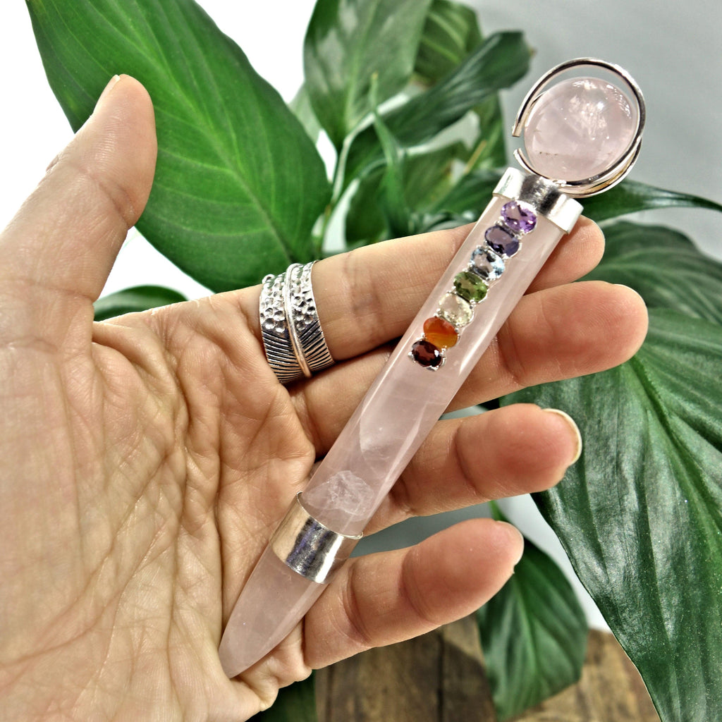 Gorgeous Faceted Chakra Gemstones On Rose Quartz Healing Wand - Earth Family Crystals