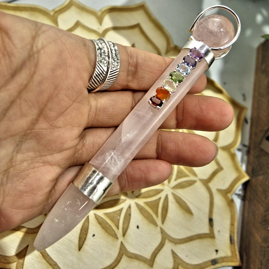 Gorgeous Faceted Chakra Gemstones On Rose Quartz Healing Wand - Earth Family Crystals