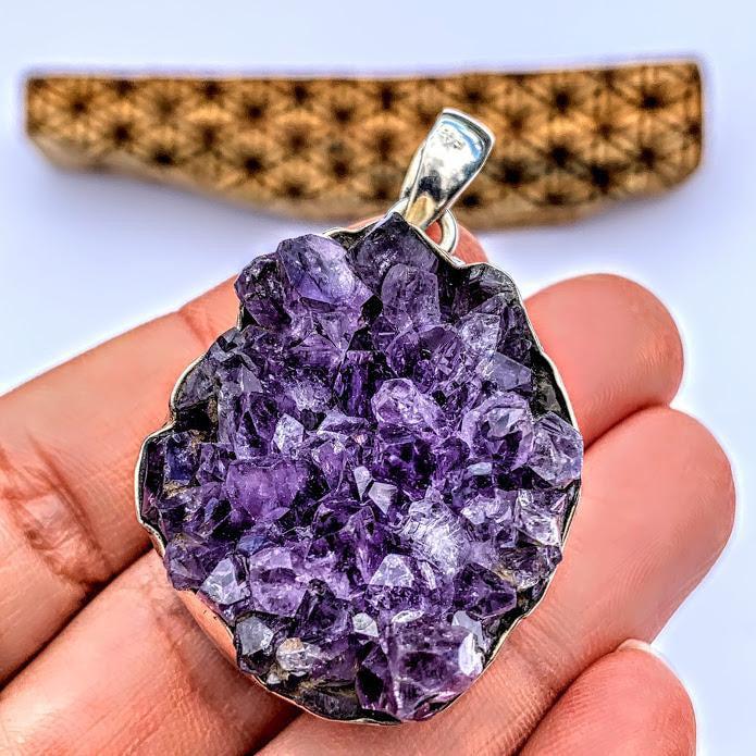 Big raw Chunky Amethyst Druzy Sterling Silver Pendant (Includes Silver Chain) - Earth Family Crystals