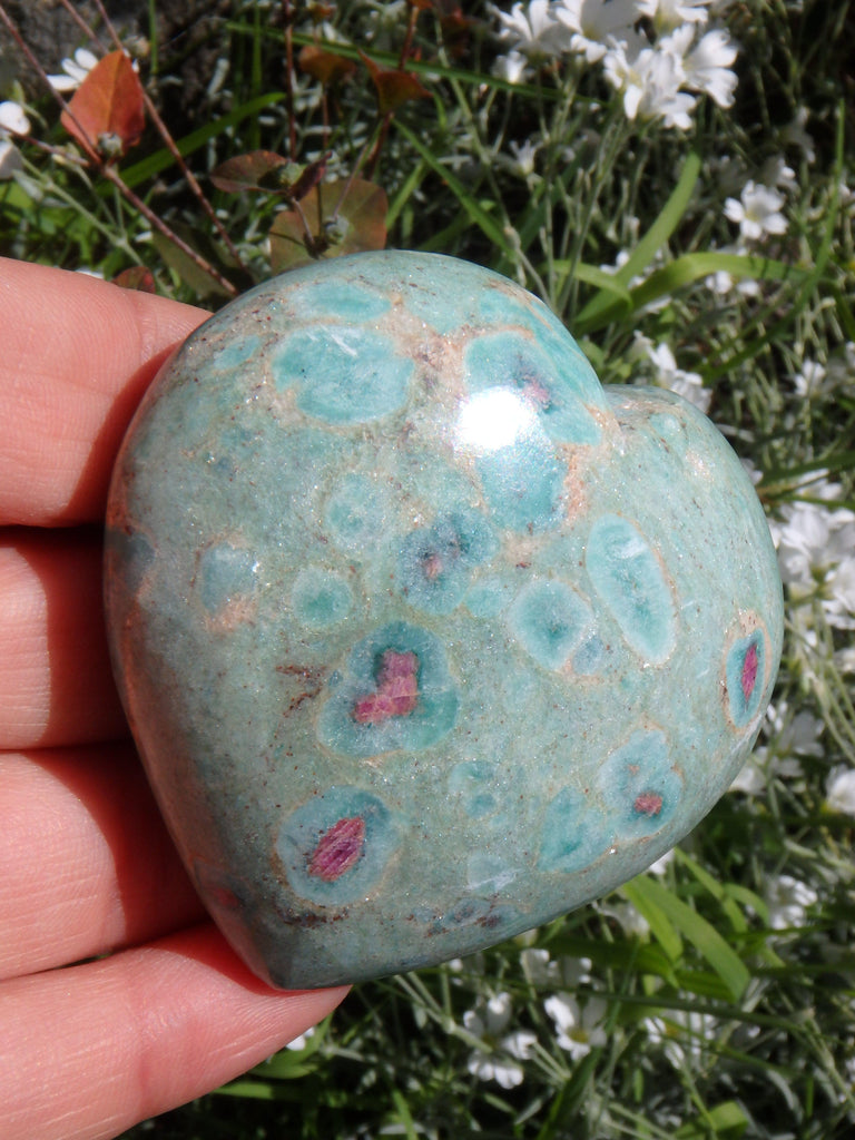 Beautiful Mint Green & Deep Lipstick Pink Ruby Fuschite Heart Carving 3 - Earth Family Crystals