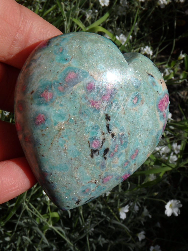 Beautiful Mint Green & Deep Lipstick Pink Ruby Fuschite Heart Carving 1 - Earth Family Crystals