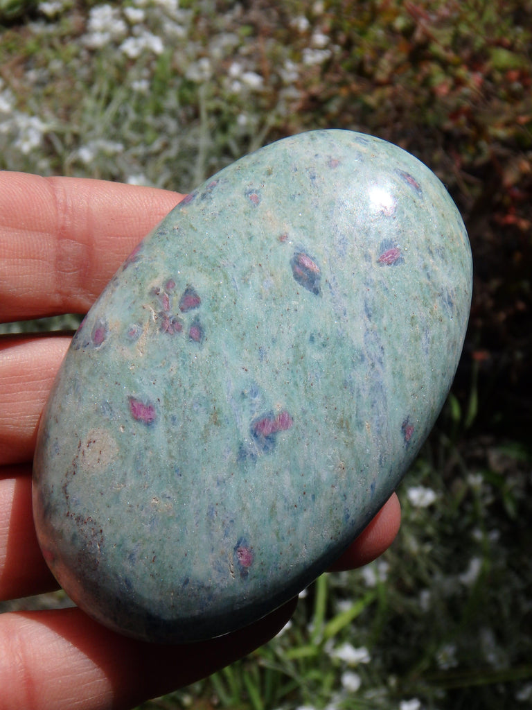 Soothing Mint Green & Lipstick Pink Ruby Fuschite Hand Held Carving 1 - Earth Family Crystals