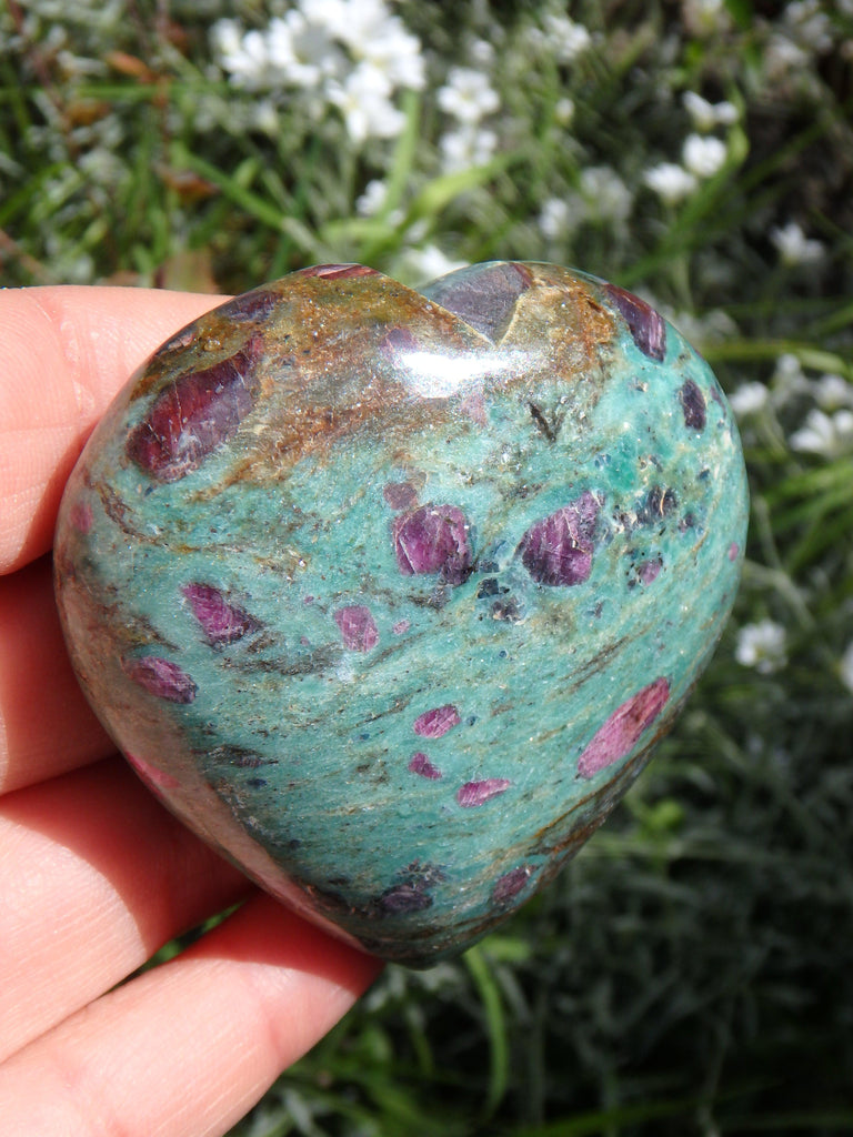 Gorgeous Deep Blue Green &  Lipstick Pink Ruby Fuschite Heart Carving - Earth Family Crystals