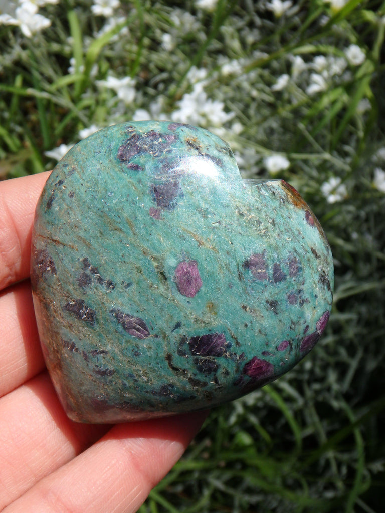 Gorgeous Deep Blue Green &  Lipstick Pink Ruby Fuschite Heart Carving - Earth Family Crystals