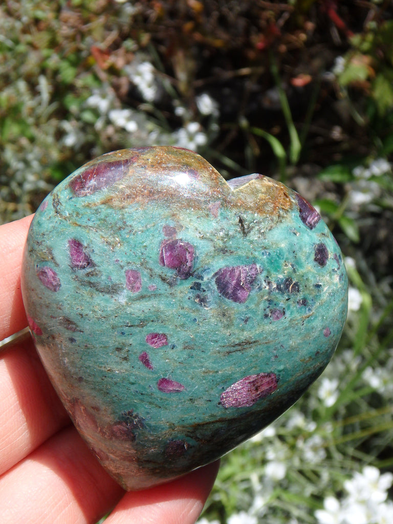 Gorgeous Deep Blue Green &  Lipstick Pink Ruby Fuschite Heart Carving - Earth Family Crystals