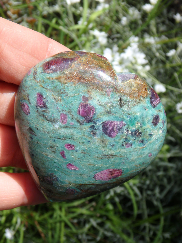 Gorgeous Deep Blue Green &  Lipstick Pink Ruby Fuschite Heart Carving - Earth Family Crystals